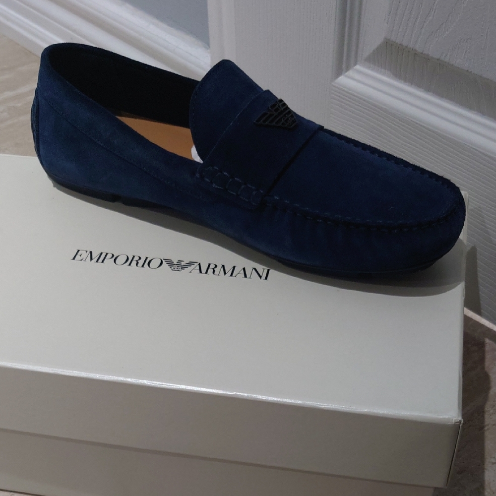 Emporio Armani Deep Blue Suede Penny Loafers with Logo Detail